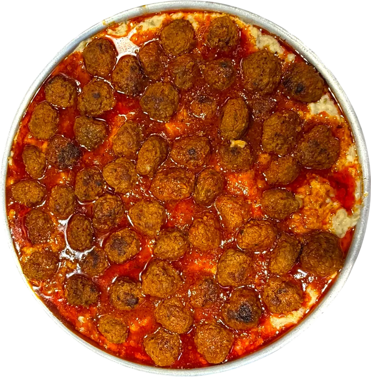 A whole tray of Beğendili Köfte (Meatballs on Smoked Eggplant Purée), cooked daily at Nezaf Ev Yemekleri in Nişantaşı