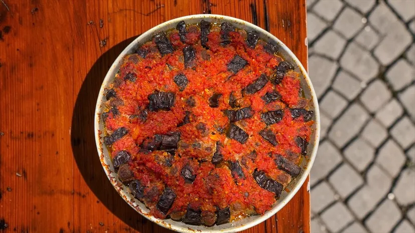 Patlıcan Kebabı (Eggplant Kebab), cooked daily at Nezaf Ev Yemekleri in Nişantaşı, the whole tray from above