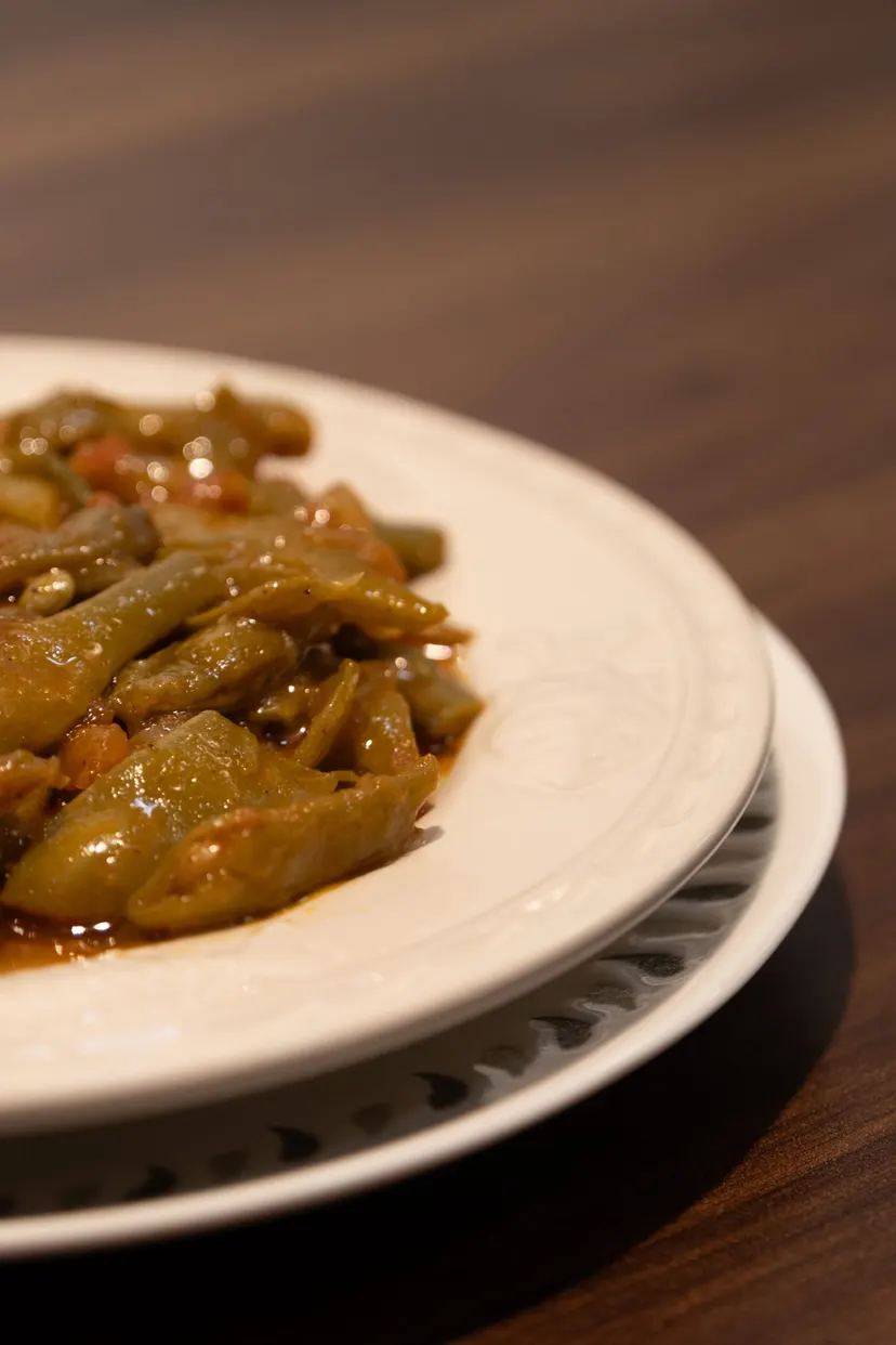 Green Beans in Olive Oil cooked daily at Nezaf Ev Yemekleri in Nişantaşı, plate on the left of the frame