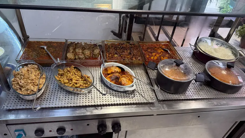 The day's trays lined up on the hot counter at Nezaf Ev Yemekleri in Nişantaşı